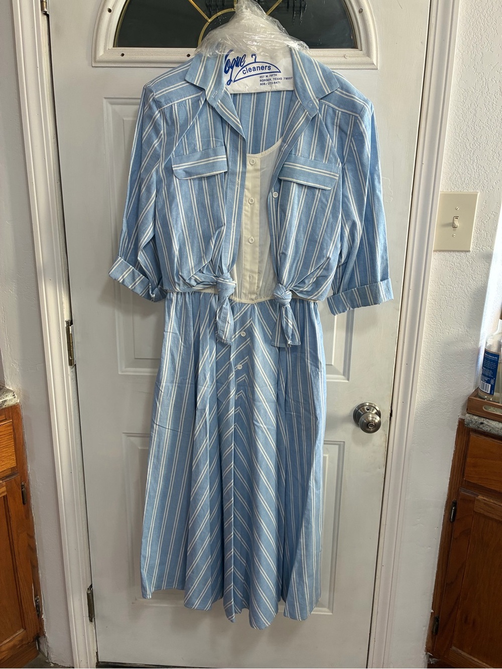 Light Blue Striped Midi Dress with Tie Front